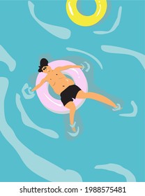 fat boy sunbathing in the sea alone in summer