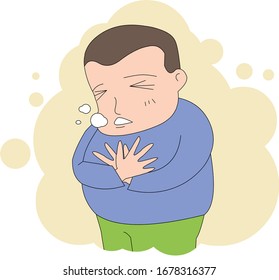 Fat boy Take a rough breath Chest pain A painful illustration.