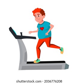 Fat Boy Teen Running On Treadmill In Gym Vector. Smiling Thick Teenager Running And Exercising On Sport Equipment. Character Sportsman Training Sportive Active Time Flat Cartoon Illustration