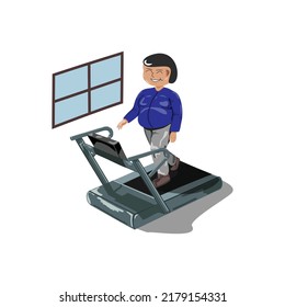 Fat boy walks in a green treadmill wearing a blue shirt, gray pants and brown shoes. on a white background and with a window on the left
