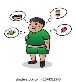 A fat boy who is hungry and he is imagining the food he wants to eat,Hand drawn,Vector,Illustrations.