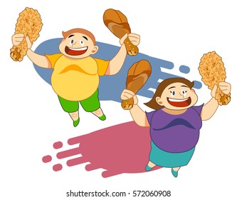 fat boy and woman happy with fried chicken. Obese people.Fast Food concept.Character present about healthy care.