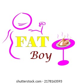 
Fatter Junge, gelber und roter Text. Fett-Jungen-Silhouette, mit rosafarbenen Streifen gestrichen und Huhn auf einem Teller auf einem rosafarbenen Tisch gebraten.