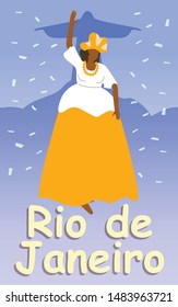 Fat Brazilian Woman in Lush Dress and Headdress. Rio de Janeiro. Fireworks and Carnival. Brazilian Carnival. Traditional Brazilian Costume. Vintage Dress. National Holiday Brazil. Vector Illustration.