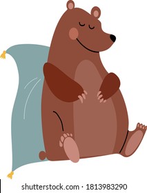 Fat Brown Bear Sleep. Happy Animal Is Leaning On A Pillow. Vector Flat Illustration. Cute Cartoon Character Kid Toy