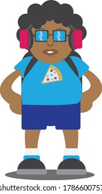 
a fat brown boy is listening to a song going to school