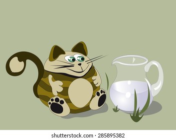 fat brown cat with green eyes sits on a grass and looks at a jug with milk