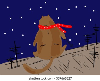 Fat brown cat in a red christmas scarf is sitting on the roof and eating fish. Vector illustration imitating child drawing