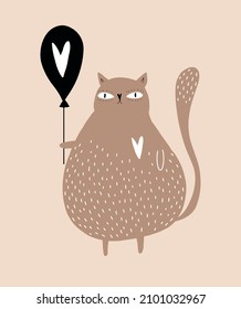 Fat Brown Kitty Holding Black Balloon with White Heart. Funny Infantile Style Vector Illustration with Cute Cat on a Beige Backgroung ideal for Wall Art, Poster, Card, Cat Lovers. 