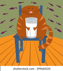 Fat brown striped cat sitting on a blue wooden chair holding a glass of milk. Vector illustration.