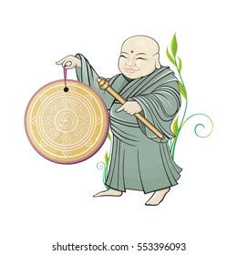 Fat buddhist monk with gong in hand and flowers on background. Vector illustration.