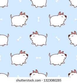 Fat bull terrier dog walking cartoon seamless pattern, vector illustration