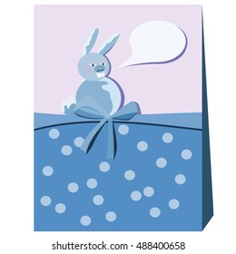 Fat bunny with communication bubble. Retro stylized cartoon drawing. Dotted pattern with ribbon. Card or brochure. Blue pink white illustration.