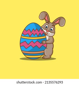 A Fat Bunny Hugs An Easter Egg While Standing. Flat Design. Vector.