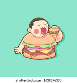 FAT BURGER BOY EATING A BURGER ILLUSTRATION. FAST FOOD LOGO MASCOT.