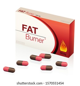 Fat burner pills, packet of capsules for pharmaceutical treatment to lose weight, a medical fake product. Isolated vector on white background.
