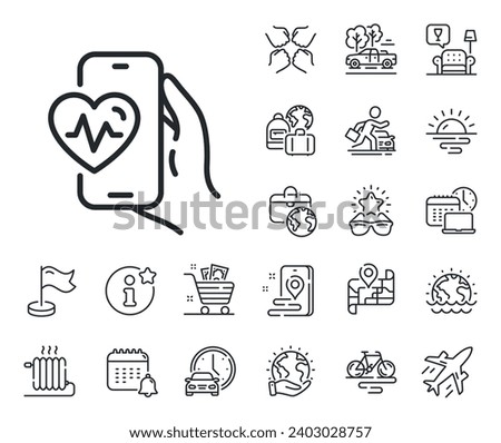 Fat burning application sign. Plane jet, travel map and baggage claim outline icons. Cardio training app line icon. Gym fit heartbeat symbol. Cardio training line sign. Vector