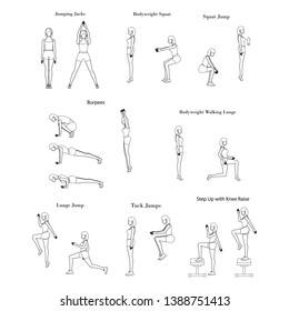 Fat burning workout exercises on the white background. Vector illustration