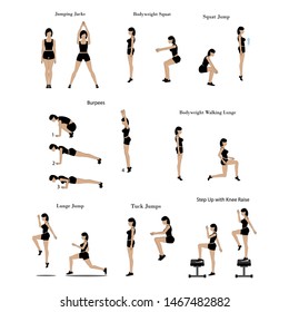 Fat burning workout exercises on the white background. Vector illustration