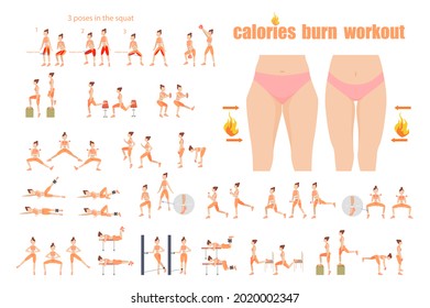 Fat Burning Workout. Girl Exercises.   Calories Burn Training. Before And After Cellulite Removal.   Hip Correction Before And After. Exercises For Local Fat Removal. Vector Illustration.  Slim Body.