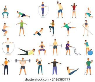 Fat burning workout icons set cartoon vector. Jump exercise. Tuck running loss