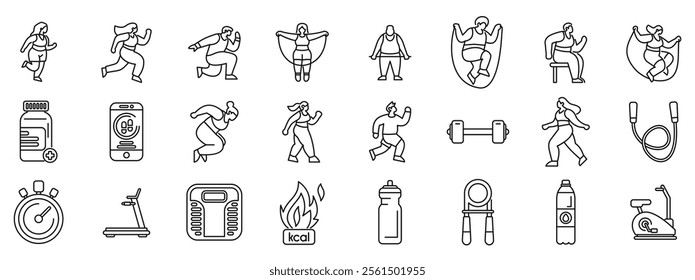 Fat burning workout icons set. Set of icons representing overweight people engaging in various physical activities, focusing on fitness, calorie burning, and weight management