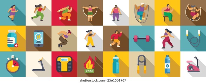 Fat burning workout icons set. Plus size people enjoying various physical activities and using fitness equipment to achieve a healthier lifestyle