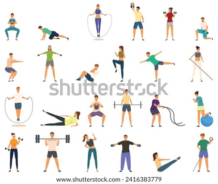 Fat burning workout icons set cartoon vector. Jump exercise. Tuck running loss