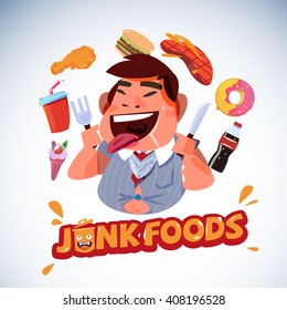 fat business with junk food. unhealthy food concept - vector illustration