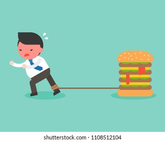 Fat Businessman chained with giant hamburger and try to runaway from it, junk food addict behavior and obesity or over weigh concept, flat design