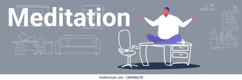 fat businessman freelancer sitting lotus pose on table workplace desk obese business man keeping calm yoga meditation concept office interior sketch doodle horizontal banner