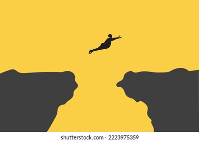 fat businessman jumping over gap. Concept of success, job, opportunity, motivation, goal, professional growth.