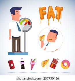fat businessman on weighing apparatus with junk food. overweight concept- vector illustration 