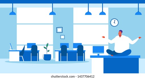 fat businessman sitting lotus pose on table workplace desk over weight business man keeping calm yoga meditation concept modern office interior sketch doodle horizontal full length