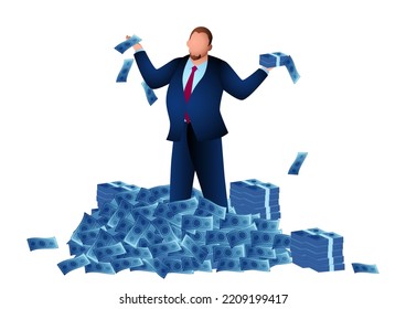 Fat Businessman Standing On A Big Pile Of Money, Capitalist, Wealthy, Greedy Concept, Vector Illustration