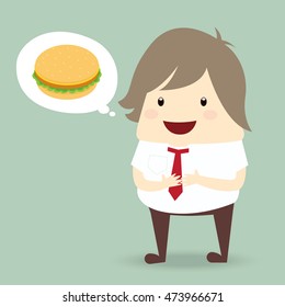 fat businessman is thinking want to eat burger, business concept
