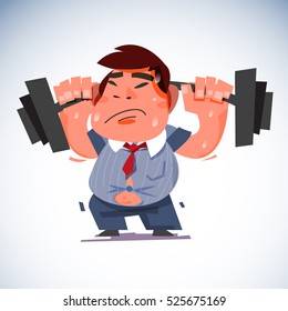 fat businessman try to lifting weights. large barbell, lose your fat concept - vector illustration