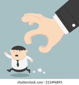 fat businessman trying to run away from hand 