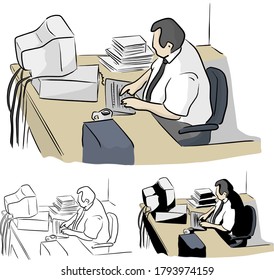 fat businessman working on old desktop computer on desk vector illustration sketch doodle hand drawn with black lines isolated on white background