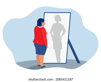 Fat businesswoman looks with a mirror and the dream of losing weight concept vector