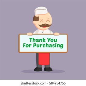 fat butcher man with compliments board