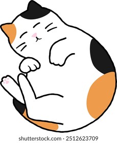 A fat calico cat curls up and sleeps peacefully, enjoying the tranquility, white background, cartoon style.