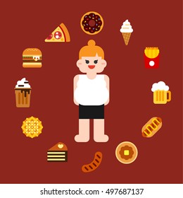 fat Calorie food woman character vector illustration flat design