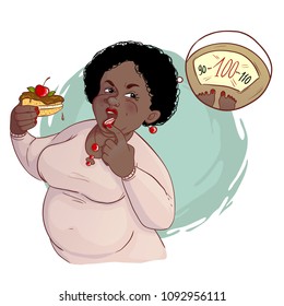 Fat cartoon African American woman with cake in the hand thinking about her big weight and consequence of unhealthy nutrition, eps10, vector image