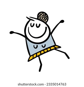 A fat cartoon ballerina dances ballet on the stage of the theater. Vector illustration of a romantic female stickman. Funny person isolated on white background.