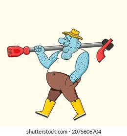 A fat cartoon blue-skinned worker goes to mow the lawn. On his feet are yellow boots. On the head is a hat. In the hands of a lawn mower (trimer) thrown over his shoulder. 