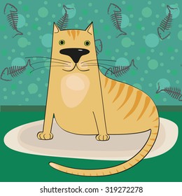 fat cartoon cat sits on the Mat