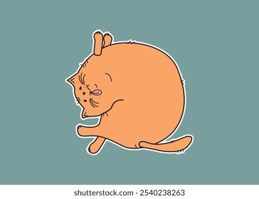 Fat cartoon cat sticker. Animal, pet. Cat doing gymnastics, yoga pose. Sport, doodle. Background isolated.