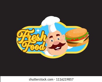 Fat Cartoon Chef dinner logo Flat Vector Illustration Design