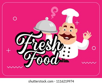 Fat Cartoon Chef fresh food background Flat Vector Illustration Design